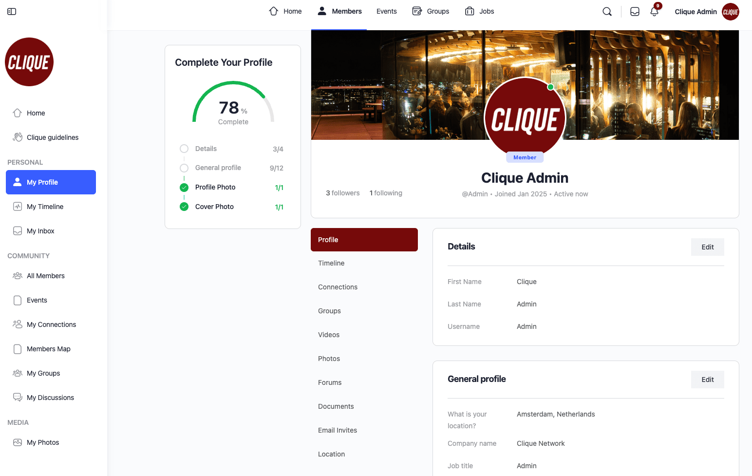 Clique Community — member profile inside the platform